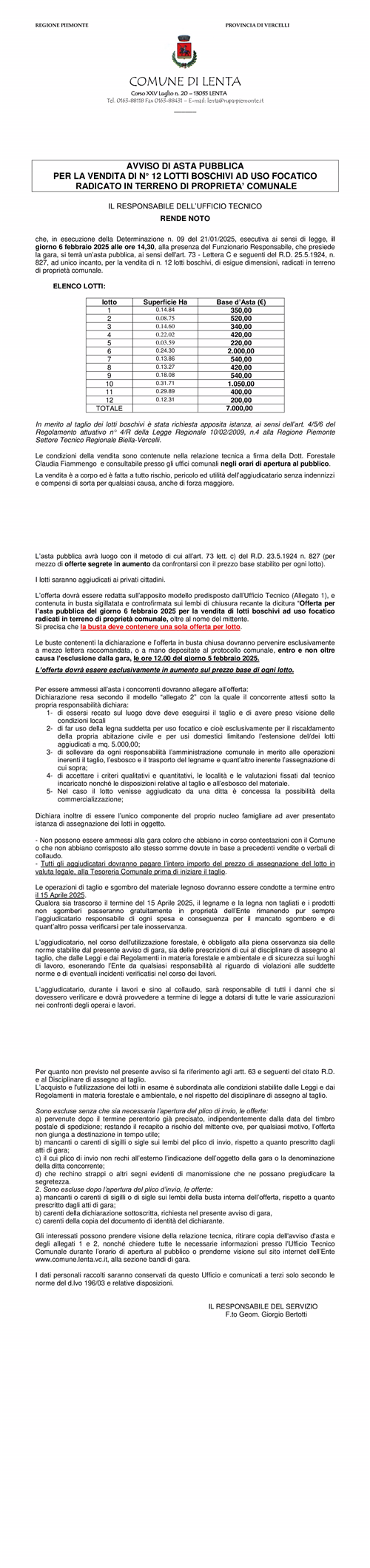 Avviso di Asta Pubblica 

PER LA VENDITA DI N° 12 LOTTI BOSCHIVI AD USO FOCATICO
RADICATO IN TERRENO DI PROPRIETA’ COMUNALE