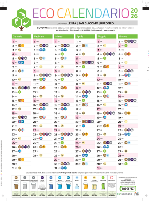 Calendario rifiuti differenziata Gennaio - Giugno 2026