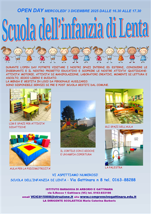 Open day Scuola dell'Infanzia di Lenta 
3 DICEMBRE 2025 dalle 16.30 alle 17.30